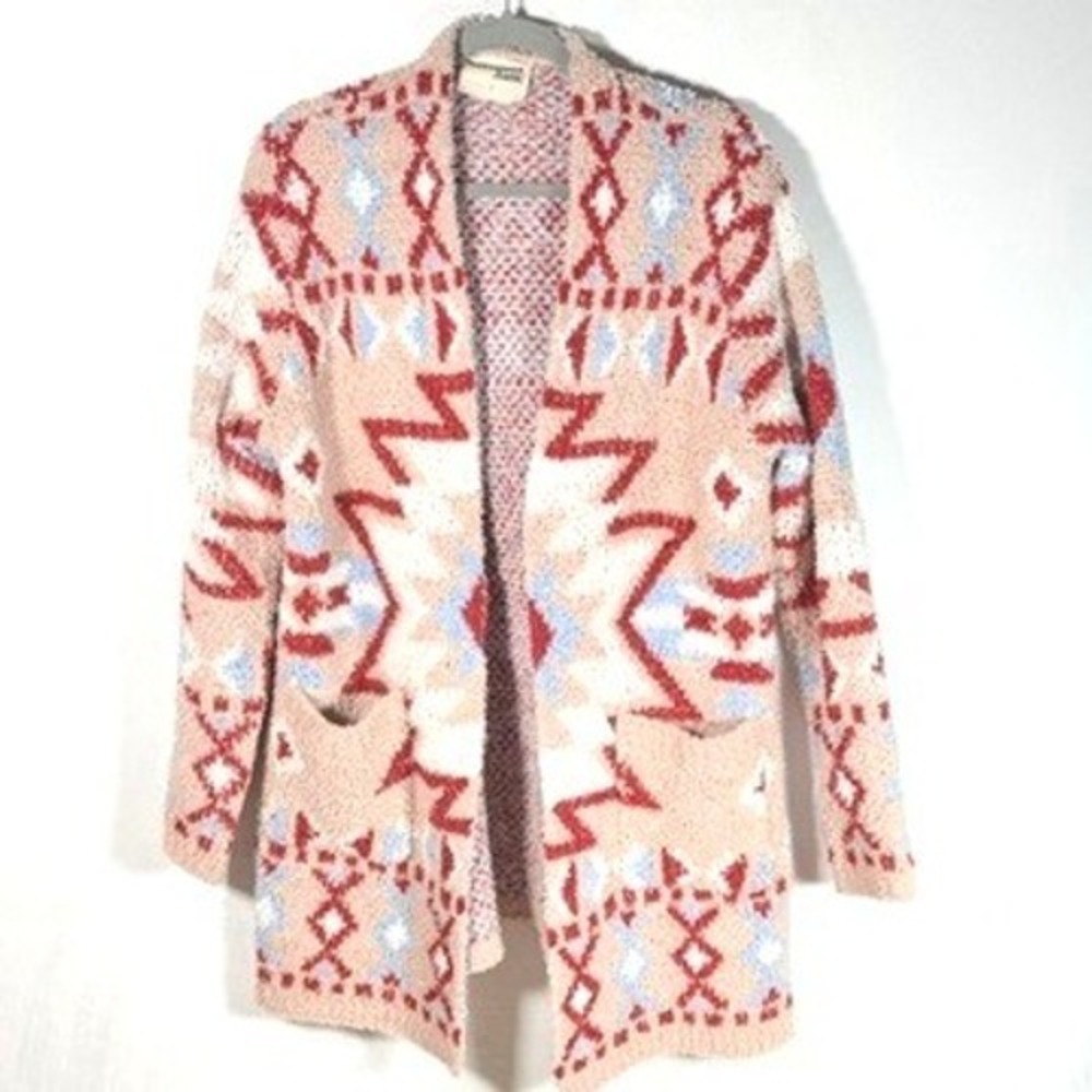 Open-Front Pink Aztec-Pattern Women’s Sweater Cardigan